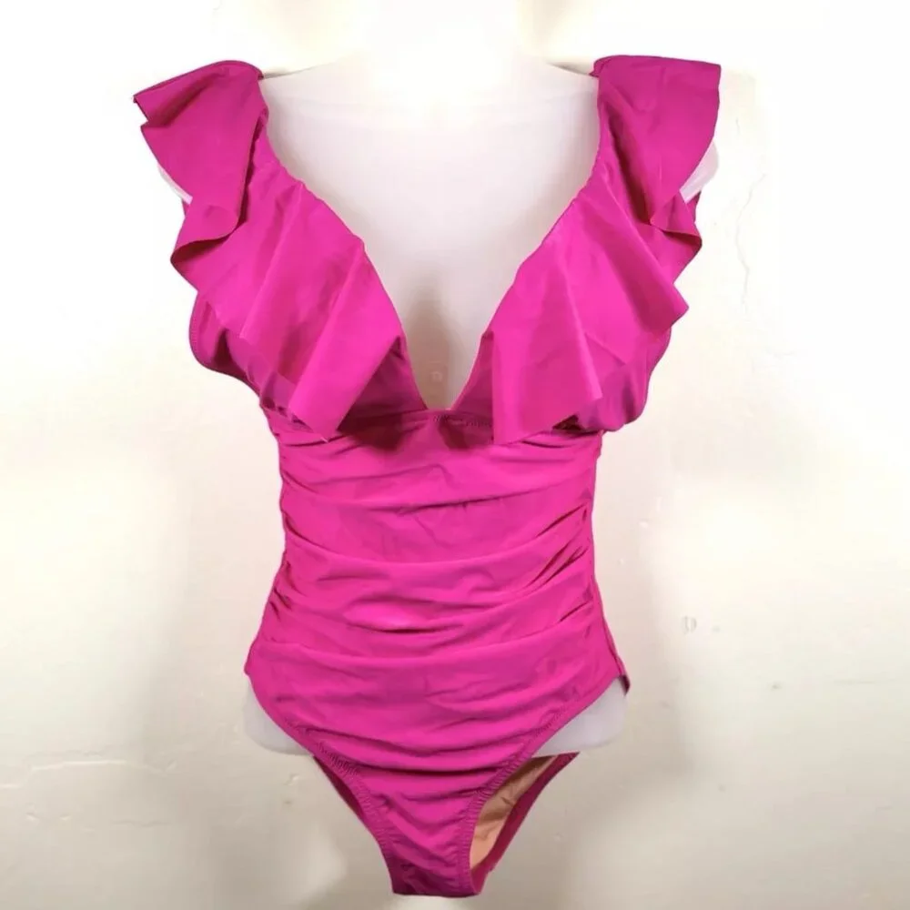 J. Crew One Piece Swimsuit SIze 12 Ruched V Neck Ruffled‎ Hot Pink Fuchsia New